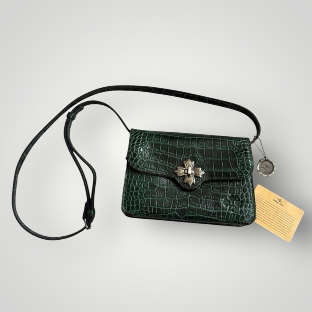 Patricia Nash pine green leather croc embossed crossbody built in wallet bag
